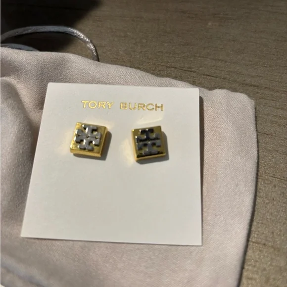 Tory Burch Gold and White Square Logo Stud Earrings - Picture 1 of 4
